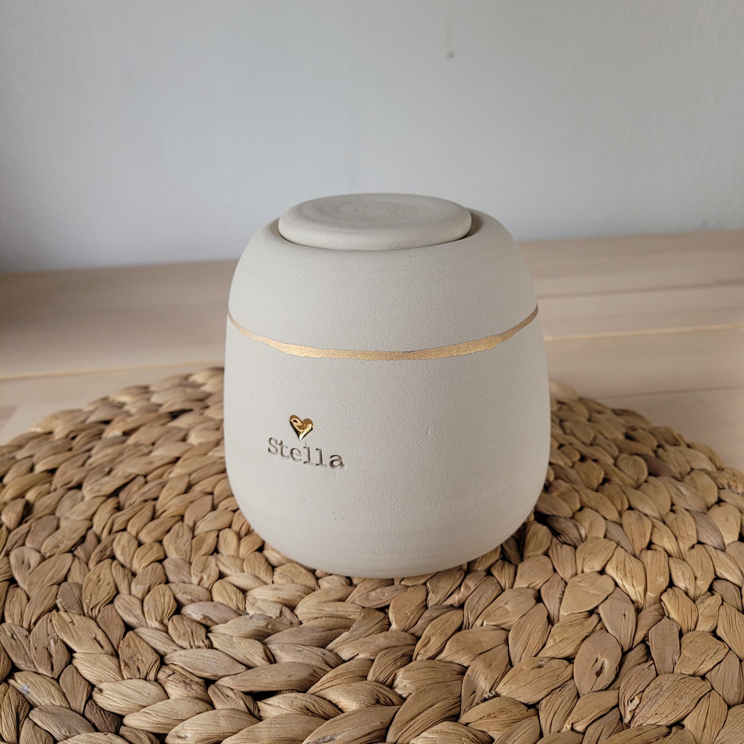 Handmade ceramic dog urn, White Small, Medium or Large size, with gold heart.