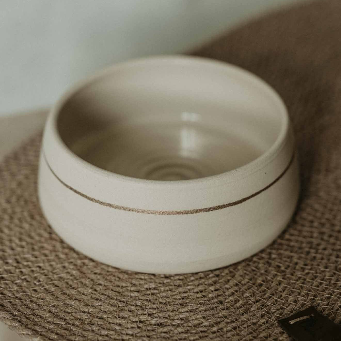 White ceramic dog bowl with golden accent