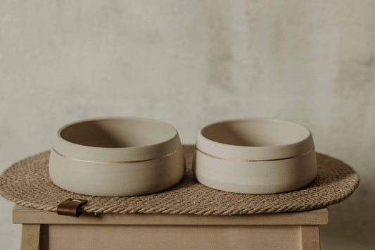 Elegant white stoneware dog bowl set with gold line - handcrafted and functional