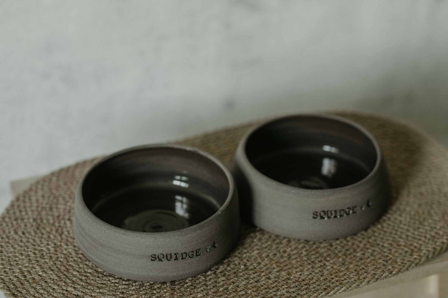 Personalized ceramic pet bowl set + jute mat