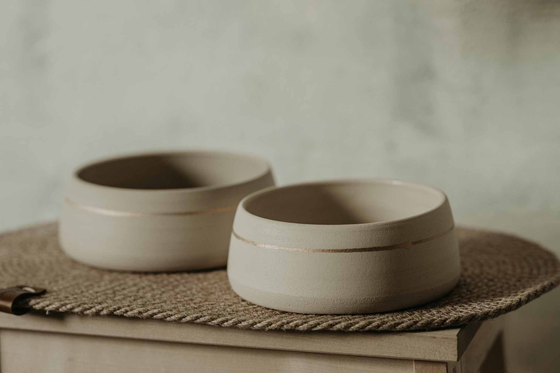 Medium-sized dog feeding set - gold hand-painted accents on white stoneware.