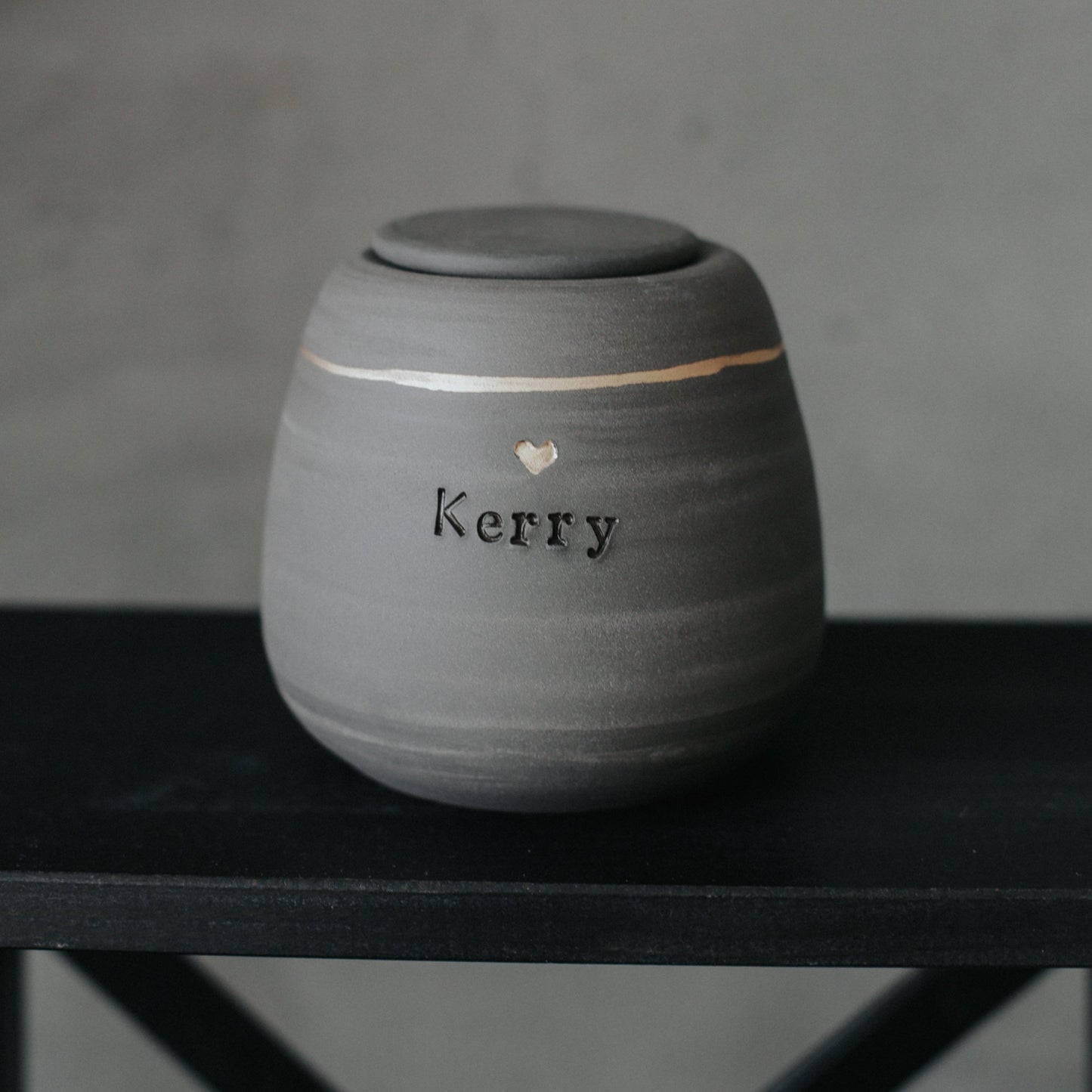 Customized Ceramic Dog Urn - Gray Stoneware - Gold Heart Stamp - Personalized with "Kerry"