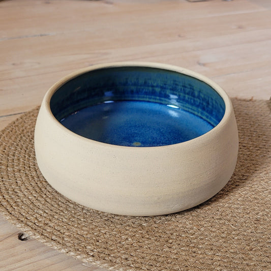 Ceramic dog bowl - White with dark blue glaze