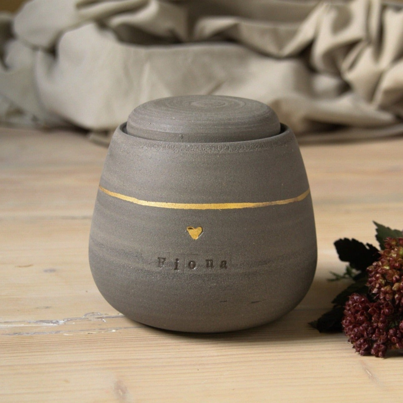Premium ceramic pet urn - gray stoneware - custom engravings - cherished remembrance