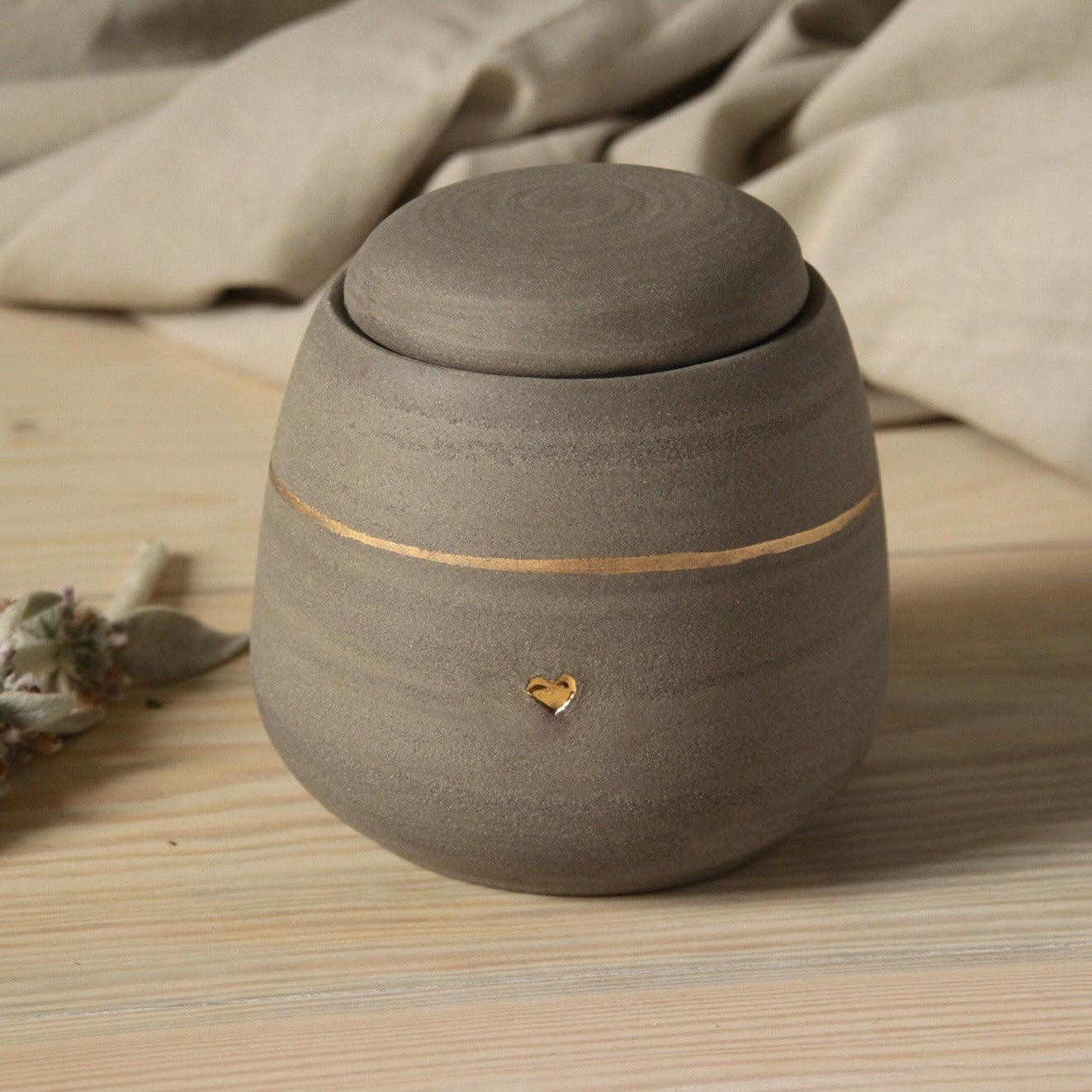 Handmade dog cremation urn - gray with gold paw stamp - custom name - honoring your loyal friend.