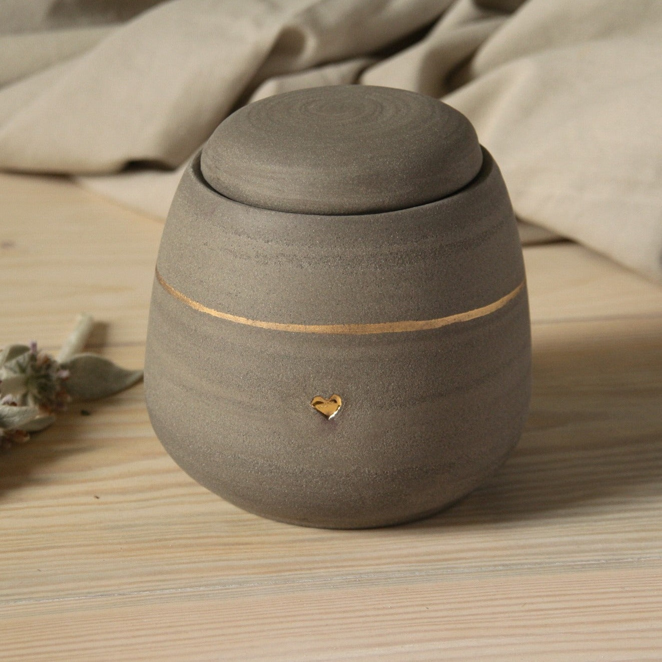 Handmade dog cremation urn - gray with gold paw stamp - custom name - honoring your loyal friend.