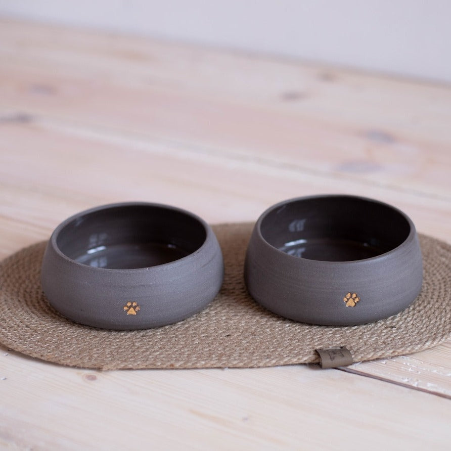 Handmade Ceramic Dog Bowl Set | Gray Stoneware with Paw Stamp | Includes 2 Bowls and Jute Mat