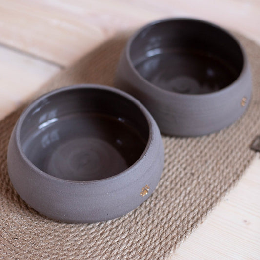 Handmade Ceramic Dog Bowl Set | Gray Stoneware with Paw Stamp | Includes 2 Bowls and Jute Mat