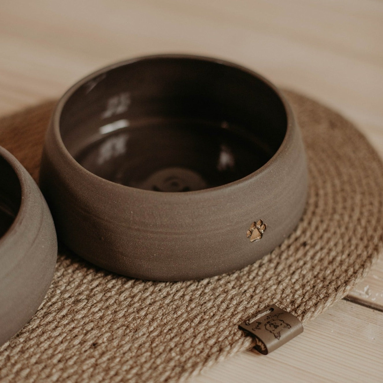 Handmade Ceramic Dog Bowl Set | Gray Stoneware with Paw Stamp | Includes 2 Bowls and Jute Mat