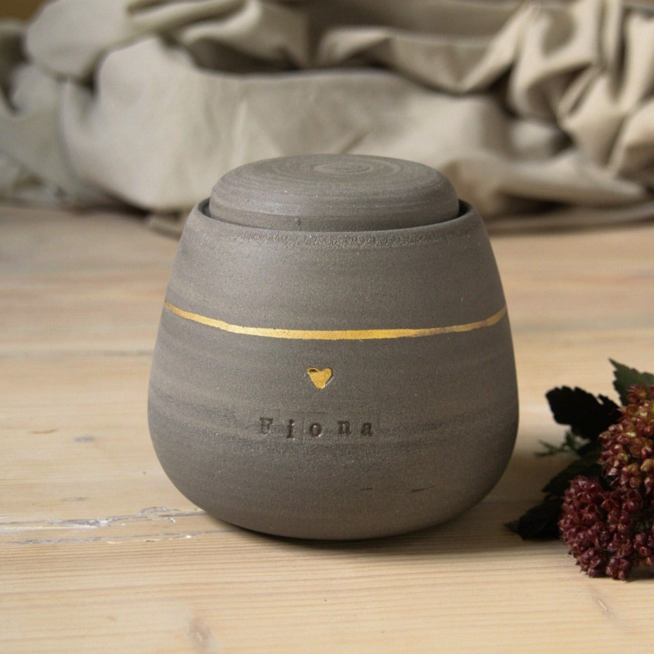 Handcrafted Pet Cremation Urn - Gray Stoneware - Gold Paw Stamp - Engraved with "Fiona"