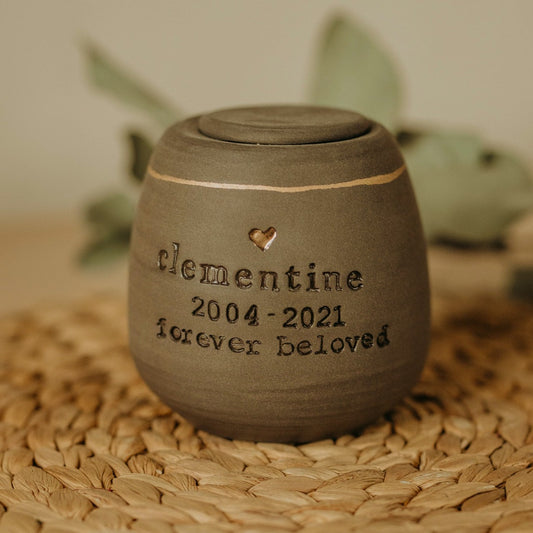 Personalized Pet Memorial Urn - Handmade Gray Stoneware - Custom Paw Stamp - Engraved with name and date