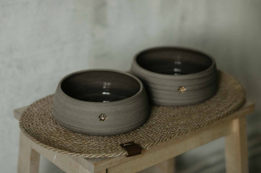 Handcrafted ceramic dog bowl set - includes 2 bowls and jute mat - stylish and functional.