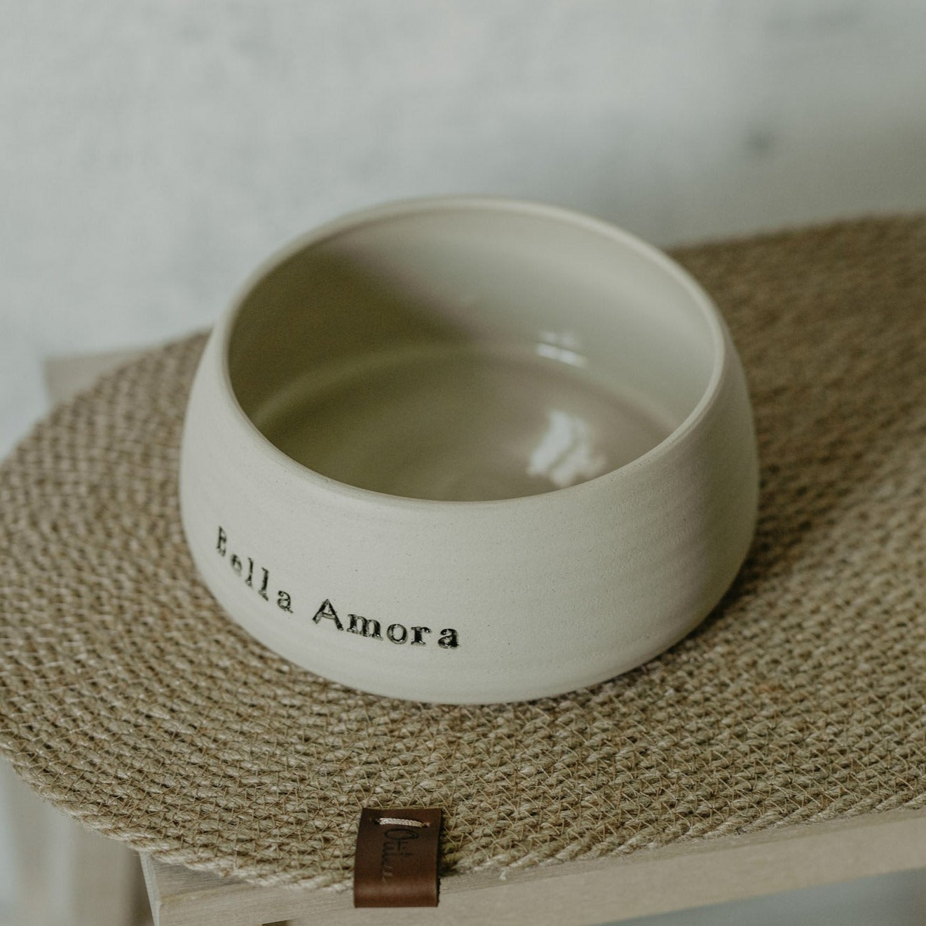 Simple and chic cream white stoneware dog bowl - personalized with black glazed name stamp.