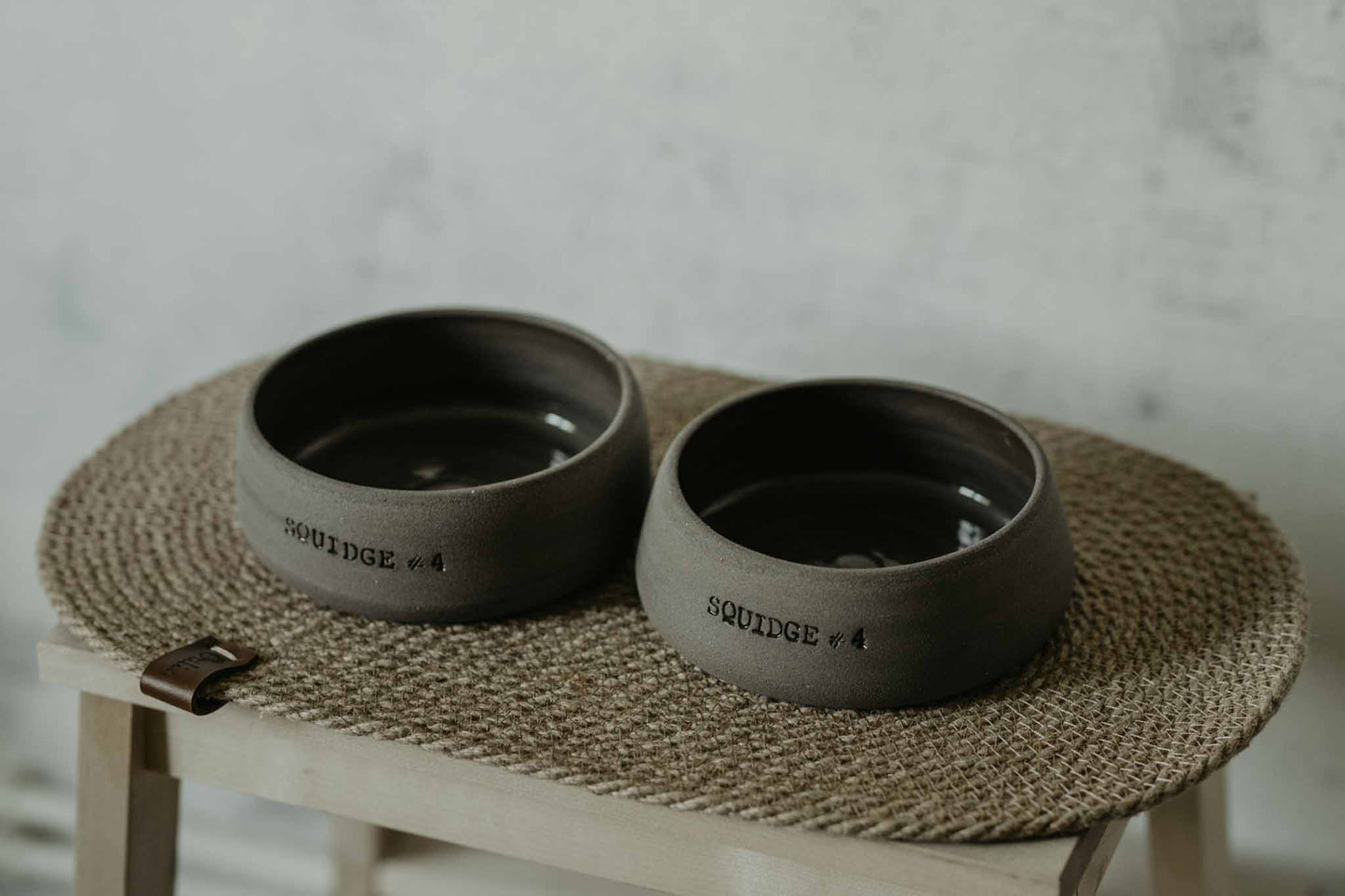 Grey stoneware pet bowl with name