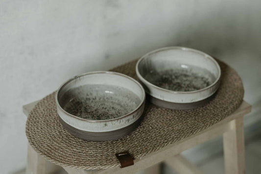 Speckled two-tone pet bowl set + mat