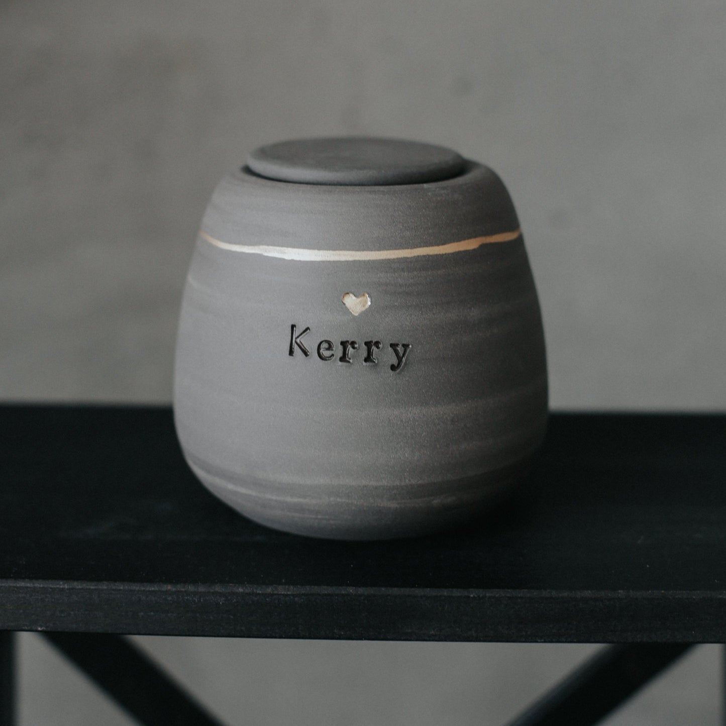 Customized Ceramic Dog Urn - Gray Stoneware - Gold Heart Stamp - Personalized with "Kerry"