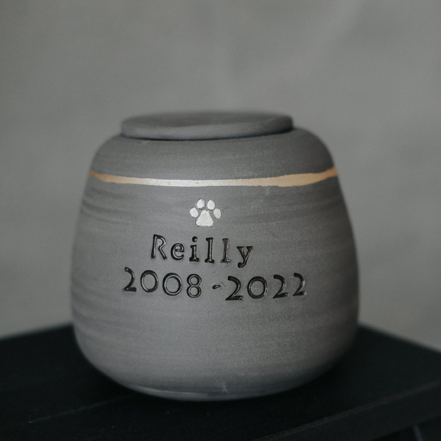 Handmade Gray Stoneware Dog Urn with Gold Heart or Paw Stamp - Customized with Dog's Name | Sizes S, M, L